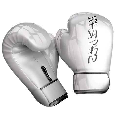 Silver Boxing Gloves with durable padding and secure wrist straps, designed for optimal protection and comfort during boxing training and sparring sessions.