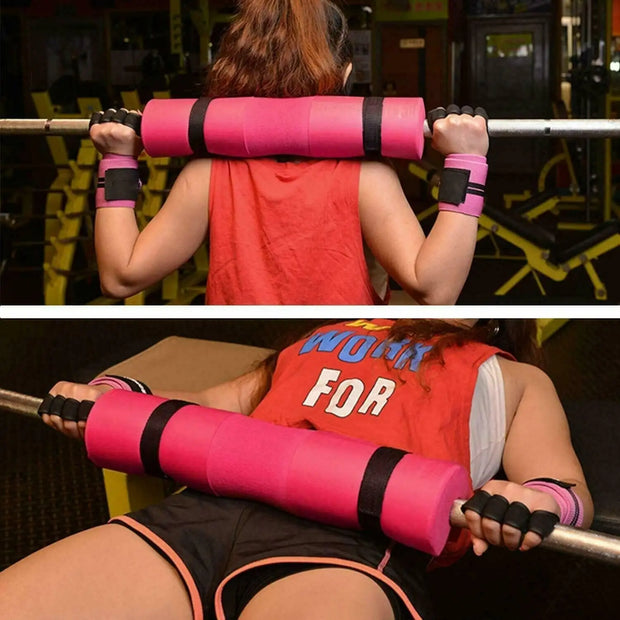 Fitness Weightlifting Barbell Pad with high-density foam padding and secure Velcro straps, designed to provide shoulder and neck support during squats and weightlifting exercises.