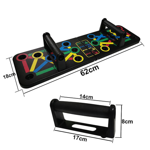 14 in 1 Push-Up Training Board with color-coded positions for varied muscle targeting and ergonomic handles for a versatile and effective upper body workout.