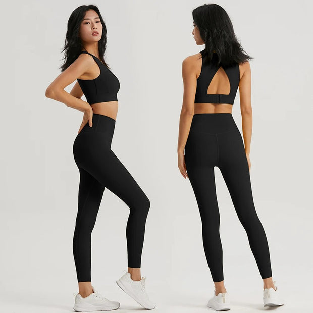 Women Sportswear Yoga Set including a top and leggings, made from breathable, stretchy fabric for maximum comfort and flexibility during yoga and fitness sessions.