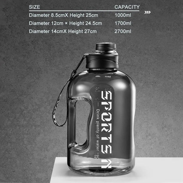 Fitness Large Water Bottle with high capacity, leak-proof design, and easy-carry handle, perfect for staying hydrated during workouts and outdoor activities.