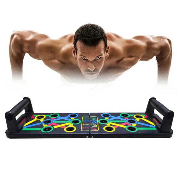 14 in 1 Push-Up Training Board with color-coded positions for varied muscle targeting and ergonomic handles for a versatile and effective upper body workout.