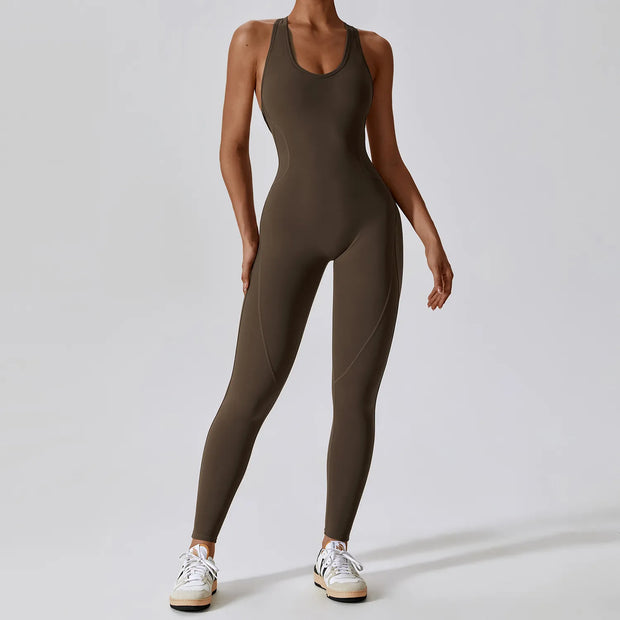 Fitness Workout Push-Up Jumpsuit made from breathable, stretchy fabric, featuring a built-in push-up bra for support and a stylish design for comfort and performance during workouts.