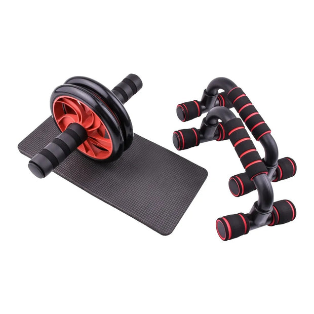 Fitness Muscle Exercise Training Set including resistance bands, ab roller, and hand grips, designed for comprehensive strength training and muscle toning workouts.