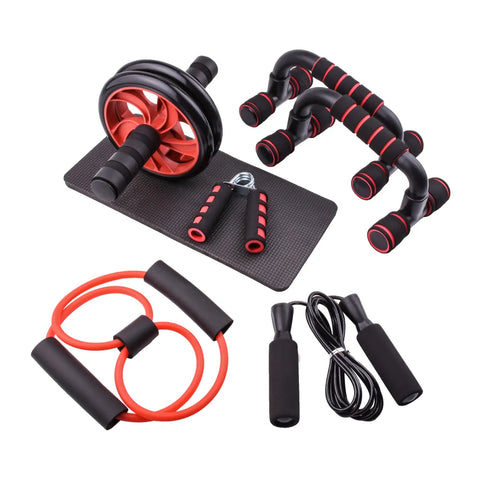 Fitness Muscle Exercise Training Set including resistance bands, ab roller, and hand grips, designed for comprehensive strength training and muscle toning workouts.