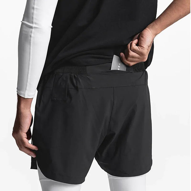 Men's Gym Running Compression 2-in-1 Shorts with built-in compression layer and outer layer, providing support, comfort, and flexibility for running and workouts.