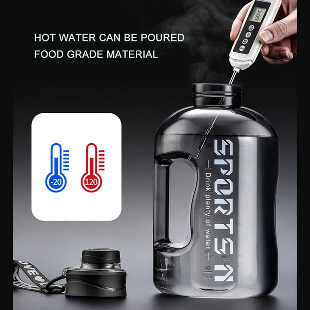 Fitness Large Water Bottle with high capacity, leak-proof design, and easy-carry handle, perfect for staying hydrated during workouts and outdoor activities.