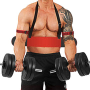 Fitness Bodybuilding Arm Blaster with padded neck strap, designed to isolate and support arms during bicep curls, promoting proper form and maximizing muscle gains.