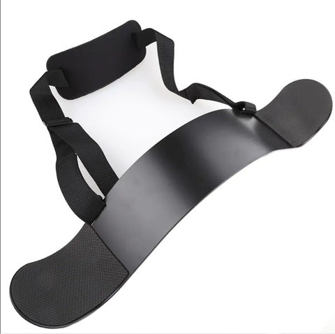 Fitness Bodybuilding Arm Blaster with padded neck strap, designed to isolate and support arms during bicep curls, promoting proper form and maximizing muscle gains.