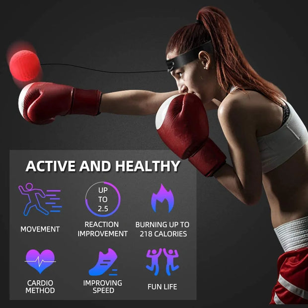 Boxing Reflex Speed Punch Ball with adjustable headband, designed for improving hand-eye coordination, reflexes, and agility during boxing training.