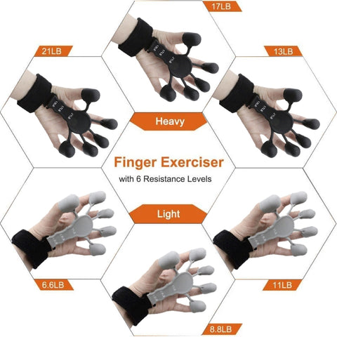 Finger Exerciser with adjustable resistance levels, designed to strengthen fingers, hands, and forearms, ideal for rehabilitation, musicians, and improving grip strength.